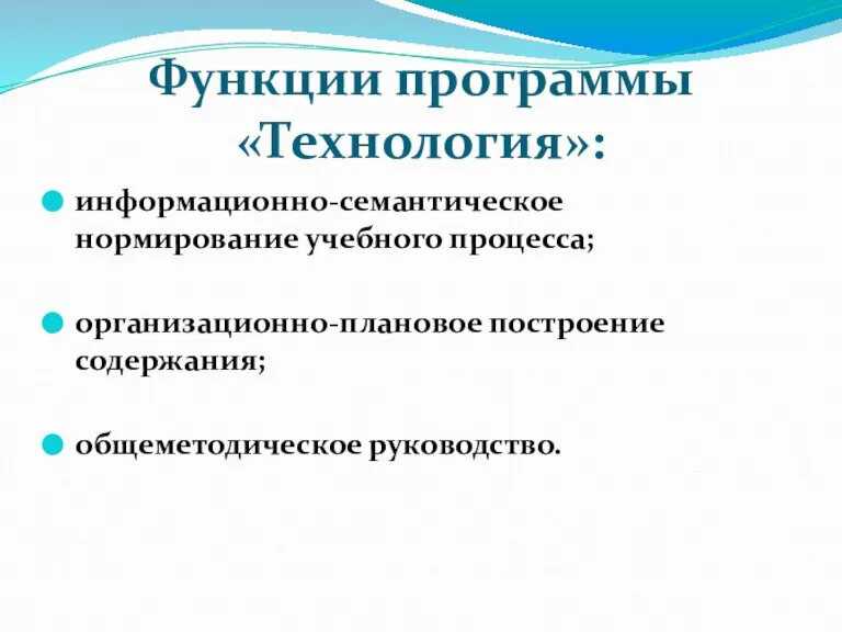 Функции программы «Технология»: информационно-семантическое нормирование учебного процесса; организационно-плановое построение содержания; общеметодическое руководство.