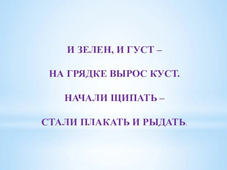 И ЗЕЛЕН, И ГУСТ – НА ГРЯДКЕ ВЫРОС КУСТ. НАЧАЛИ ЩИПАТЬ – СТАЛИ ПЛАКАТЬ И РЫДАТЬ.