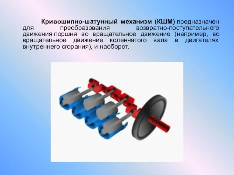 Кривошипно-шатунный механизм (КШМ) предназначен для преобразования возвратно-поступательного движения поршня во вращательное движение