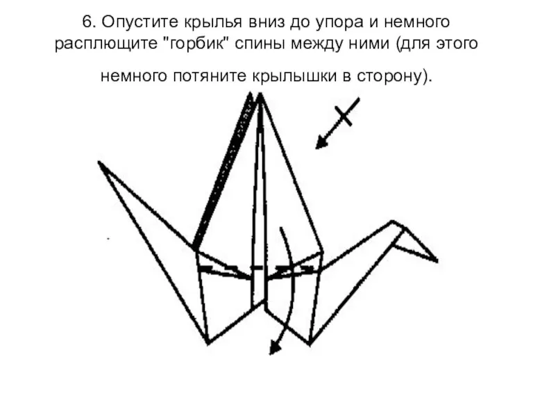 6. Опустите крылья вниз до упора и немного расплющите "горбик" спины между