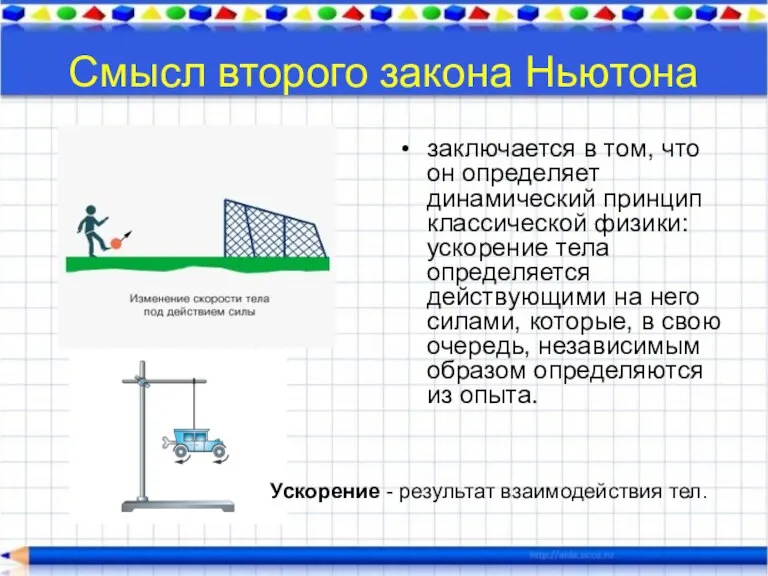 Смысл второго закона Ньютона заключается в том, что он определяет динамический принцип