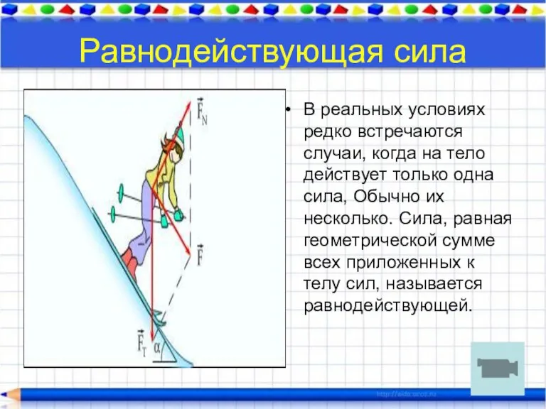 Равнодействующая сила В реальных условиях редко встречаются случаи, когда на тело действует