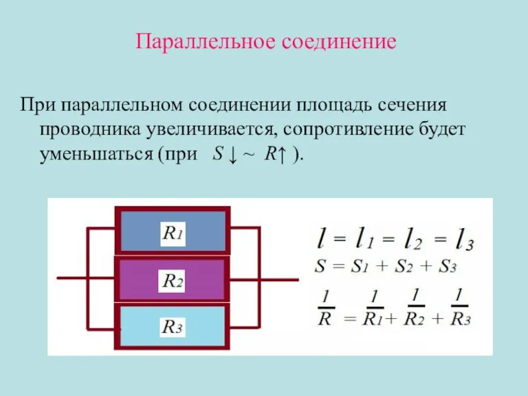 Параллельное соединение При параллельном соединении площадь сечения проводника увеличивается, сопротивление будет уменьшаться