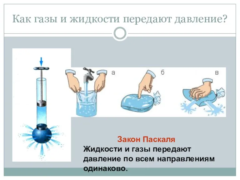 Как газы и жидкости передают давление? Закон Паскаля Жидкости и газы передают