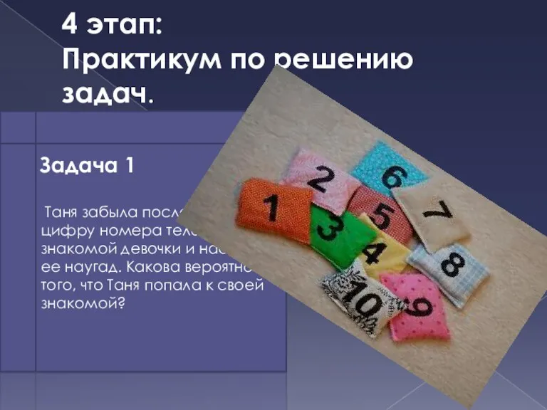 4 этап: Практикум по решению задач. Задача 1: Таня забыла последнюю цифру