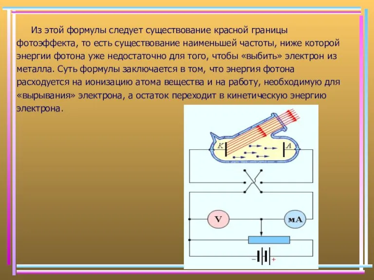 Из этой формулы следует существование красной границы фотоэффекта, то есть существование наименьшей