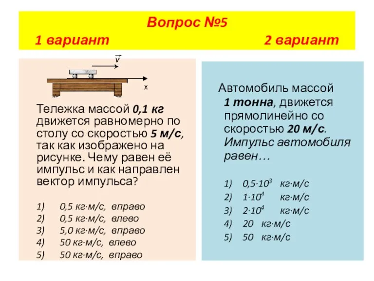 Тележка массой 0,1 кг движется равномерно по столу со скоростью 5 м/с,