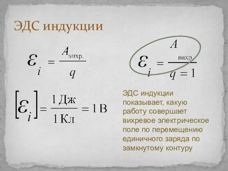 ЭДС индукции ЭДС индукции показывает, какую работу совершает вихревое электрическое поле по