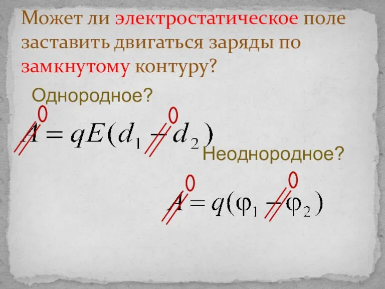 Может ли электростатическое поле заставить двигаться заряды по замкнутому контуру? Однородное? Неоднородное?