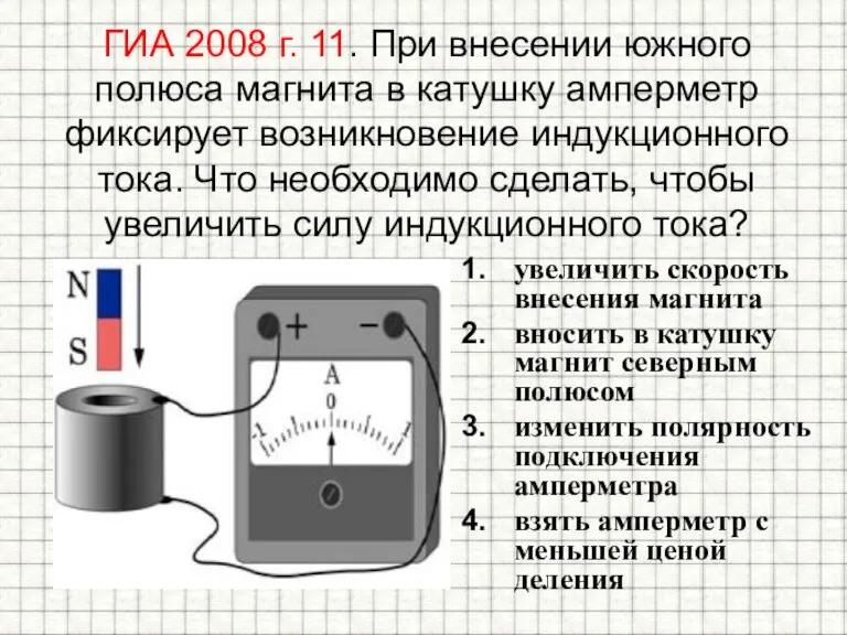 ГИА 2008 г. 11. При внесении южного полюса магнита в катушку амперметр