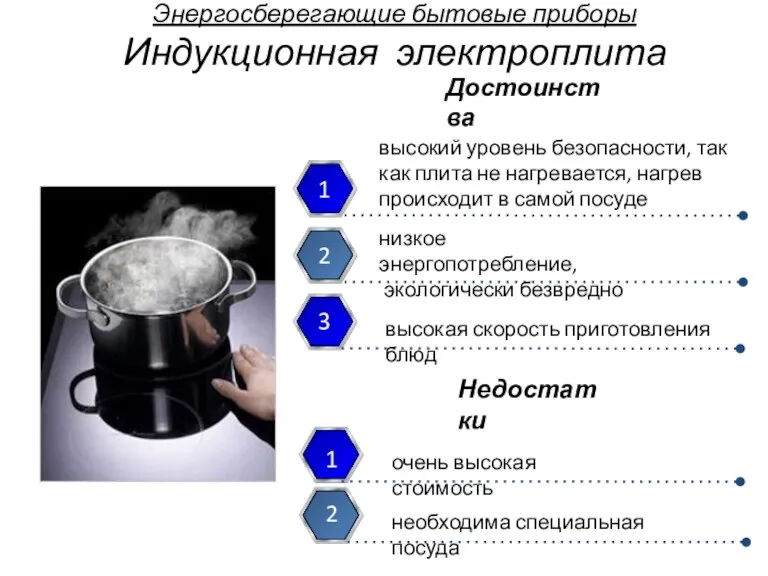 Энергосберегающие бытовые приборы Индукционная электроплита высокий уровень безопасности, так как плита не