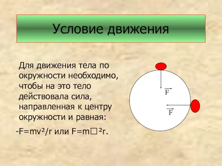 Условие движения Для движения тела по окружности необходимо, чтобы на это тело