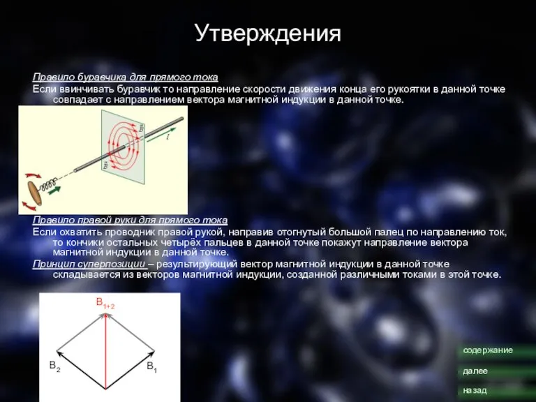 Утверждения Правило буравчика для прямого тока Если ввинчивать буравчик то направление скорости