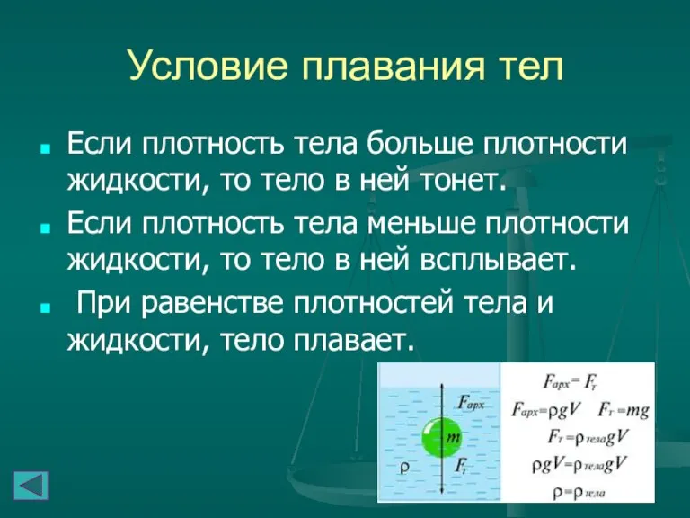 Условие плавания тел Если плотность тела больше плотности жидкости, то тело в