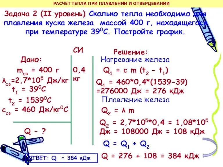 Задача 2 (II уровень) Сколько тепла необходимо для плавления куска железа массой