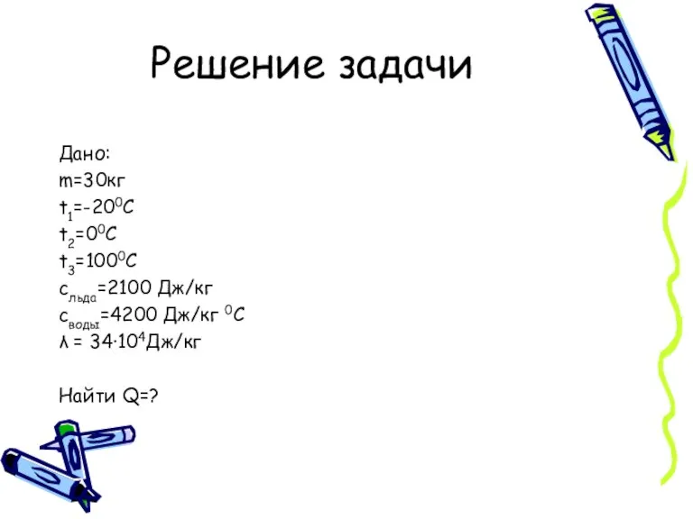 Решение задачи Дано: m=30кг t1=-200C t2=00C t3=1000C cльда=2100 Дж/кг своды=4200 Дж/кг 0С