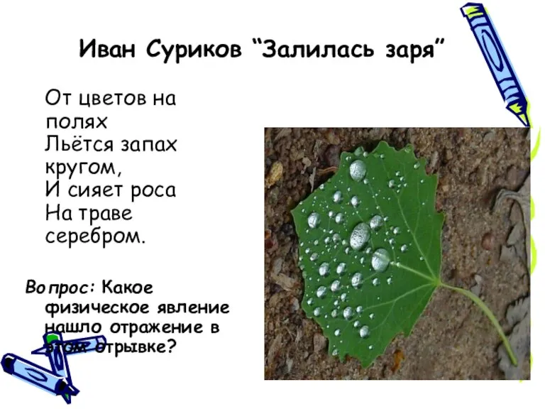 Иван Суриков “Залилась заря” От цветов на полях Льётся запах кругом, И