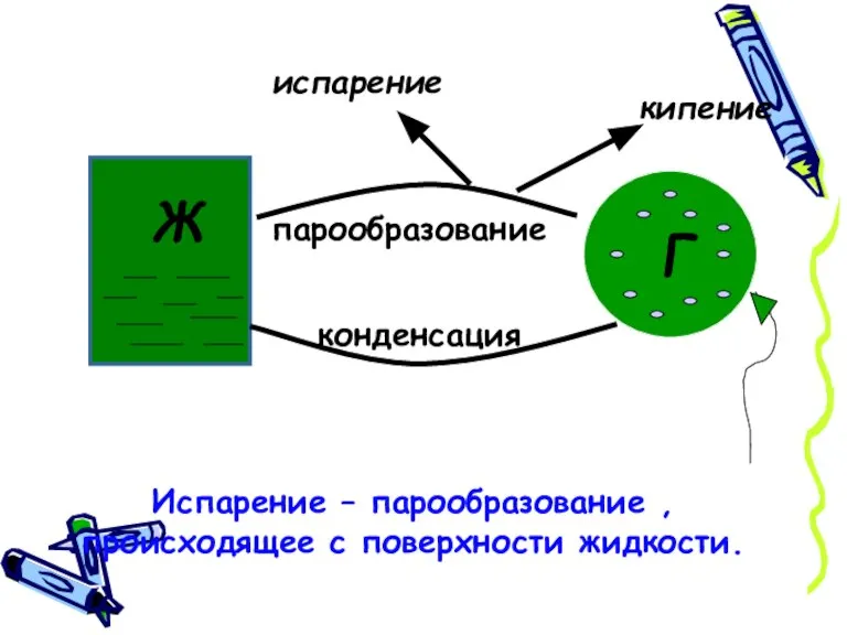 Ж Г парообразование конденсация кипение испарение Испарение – парообразование , происходящее с поверхности жидкости.