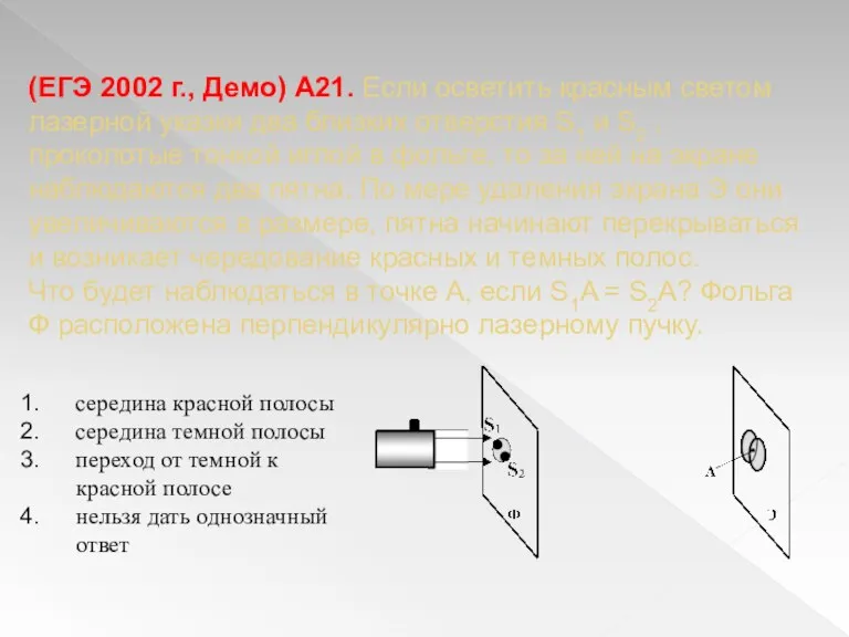 (ЕГЭ 2002 г., Демо) А21. Если осветить красным светом лазерной указки два