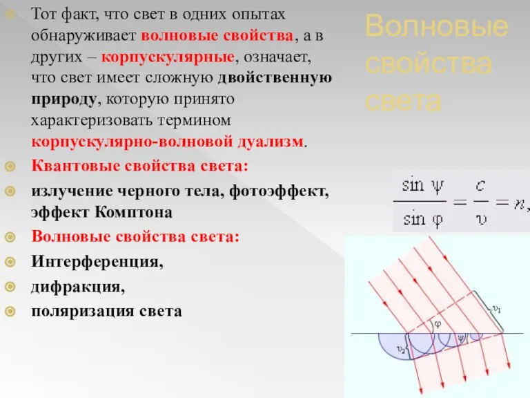 Волновые свойства света Тот факт, что свет в одних опытах обнаруживает волновые