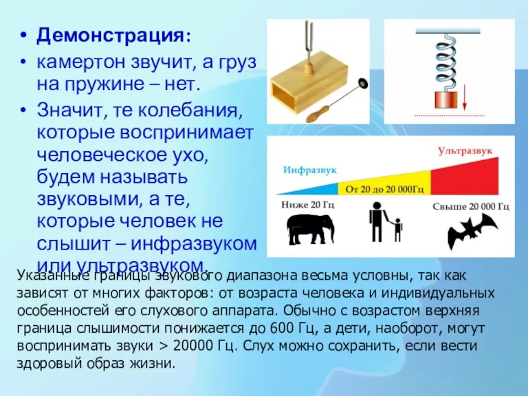 Демонстрация: камертон звучит, а груз на пружине – нет. Значит, те колебания,