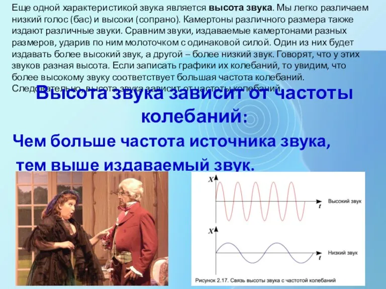 Еще одной характеристикой звука является высота звука. Мы легко различаем низкий голос