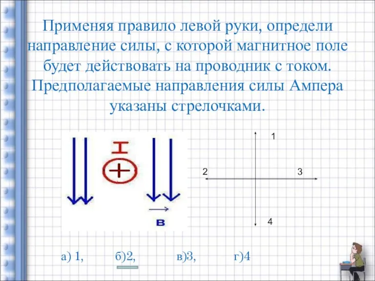 Применяя правило левой руки, определи направление силы, с которой магнитное поле будет