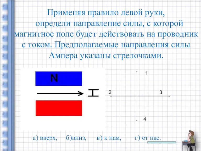 Применяя правило левой руки, определи направление силы, с которой магнитное поле будет