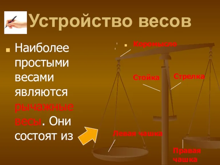 Устройство весов Наиболее простыми весами являются рычажные весы. Они состоят из Коромысло