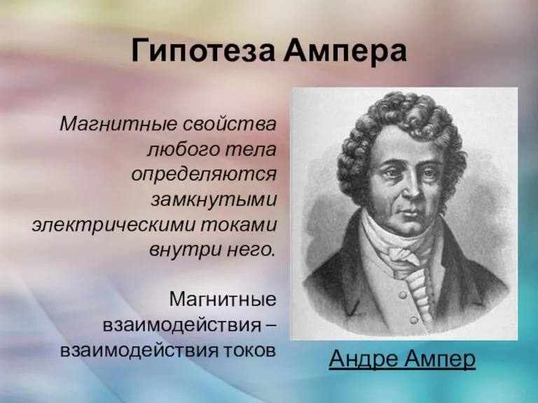 Гипотеза Ампера Андре Ампер Магнитные свойства любого тела определяются замкнутыми электрическими токами