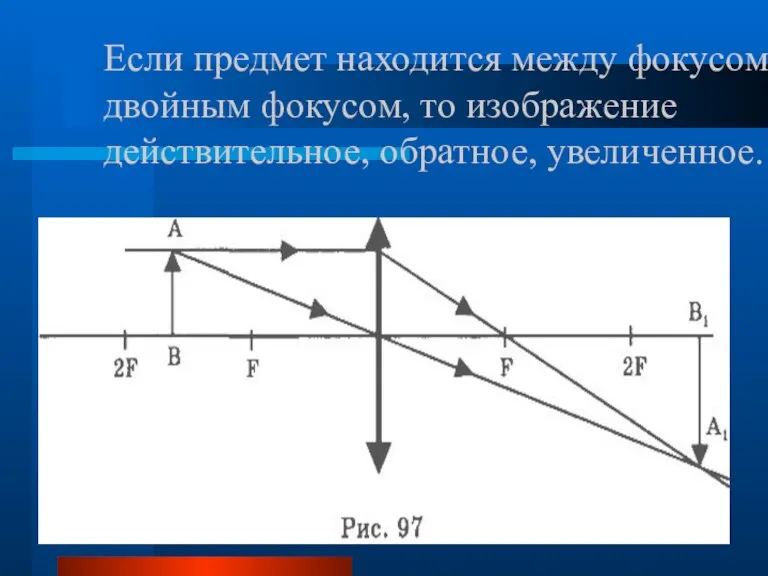 Если предмет находится между фокусом и двойным фокусом, то изображение действительное, обратное, увеличенное.