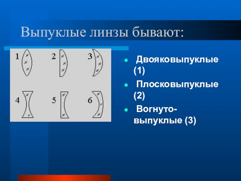 Выпуклые линзы бывают: Двояковыпуклые (1)‏ Плосковыпуклые (2)‏ Вогнуто-выпуклые (3)‏