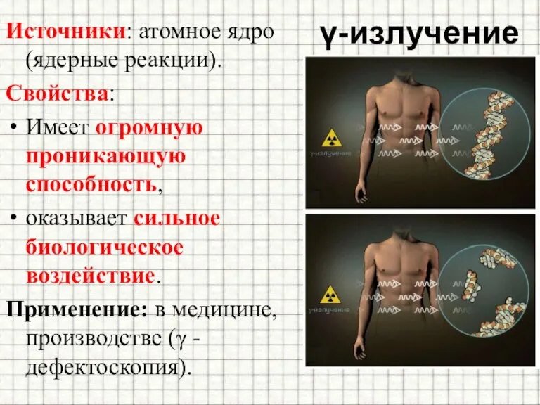 γ-излучение Источники: атомное ядро (ядерные реакции). Свойства: Имеет огромную проникающую способность, оказывает