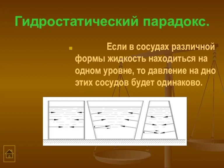 Гидростатический парадокс. Если в сосудах различной формы жидкость находиться на одном уровне,