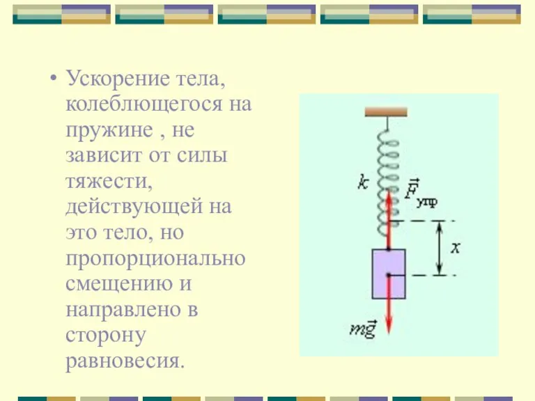 Ускорение тела, колеблющегося на пружине , не зависит от силы тяжести, действующей