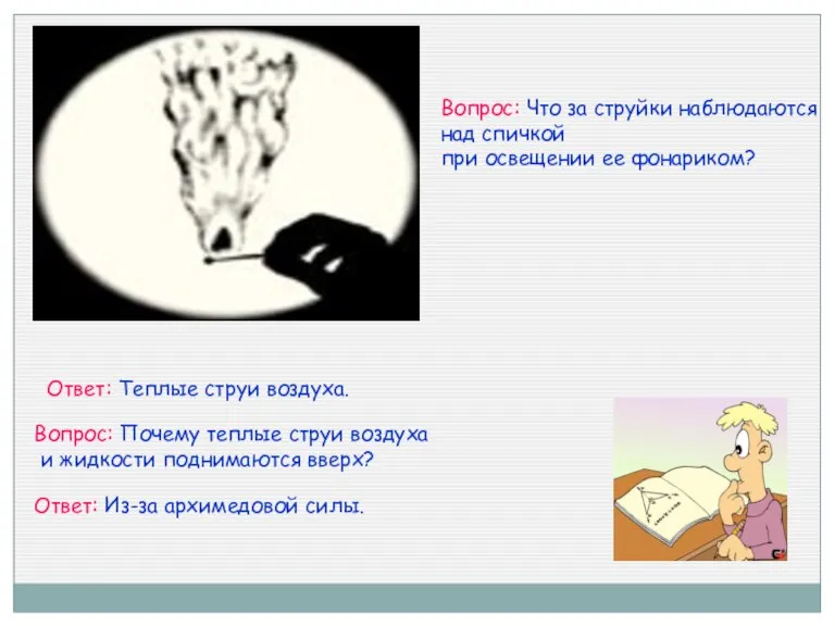 Вопрос: Что за струйки наблюдаются над спичкой при освещении ее фонариком? Ответ: