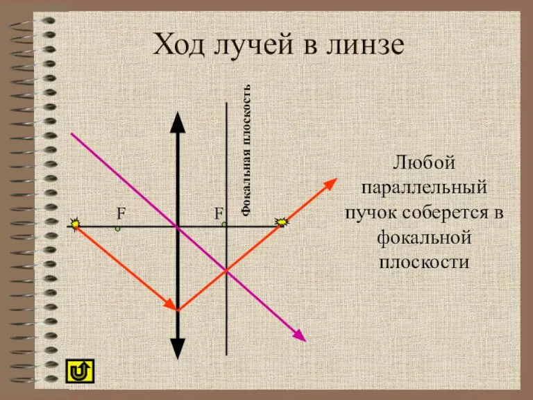 Ход лучей в линзе Любой параллельный пучок соберется в фокальной плоскости Фокальная плоскость F F