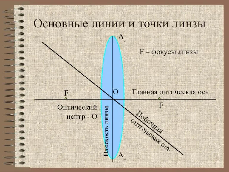 Основные линии и точки линзы Главная оптическая ось Побочная оптическая ось О