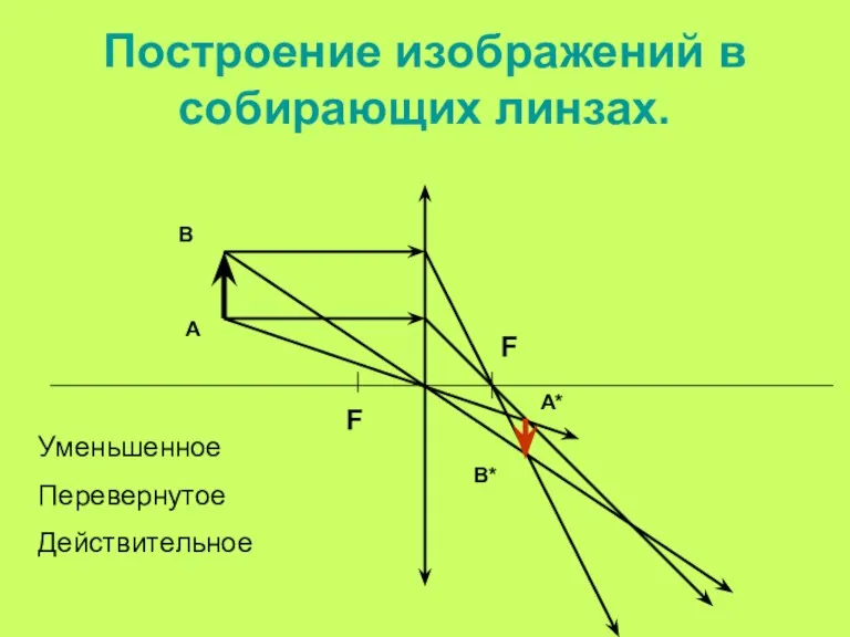 Построение изображений в собирающих линзах. F F А А* В* В Уменьшенное Перевернутое Действительное