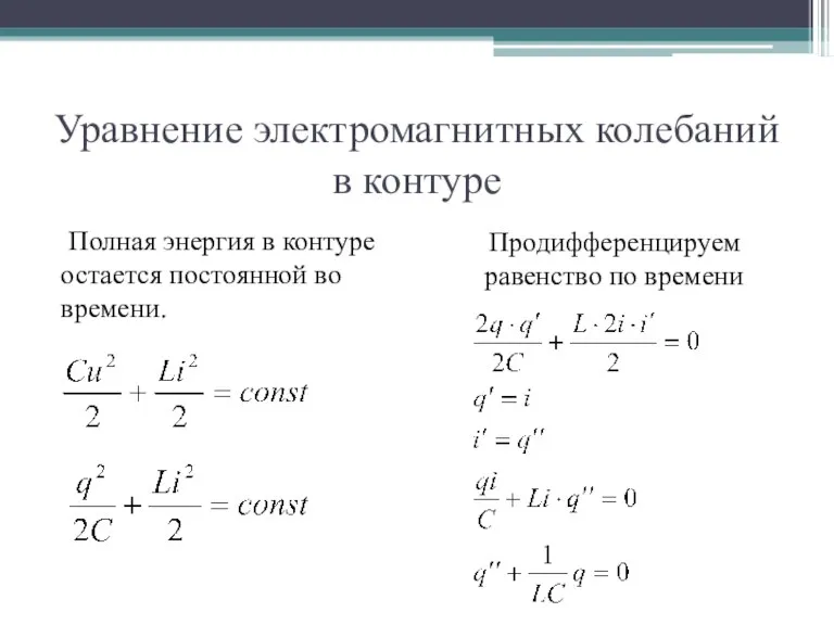 Уравнение электромагнитных колебаний в контуре Полная энергия в контуре остается постоянной во