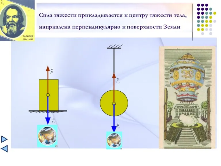 Сила тяжести прикладывается к центру тяжести тела, направлена перпендикулярно к поверхности Земли