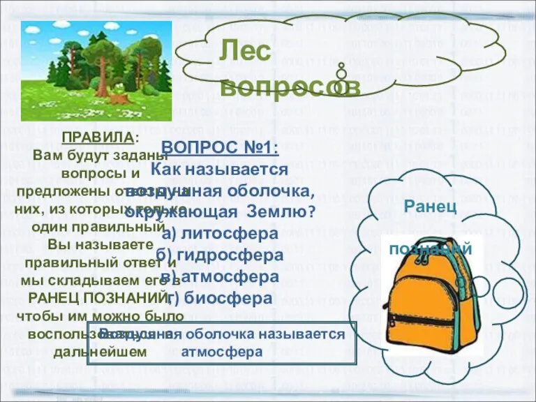 Лес вопросов Ранец познаний ПРАВИЛА: Вам будут заданы вопросы и предложены ответы