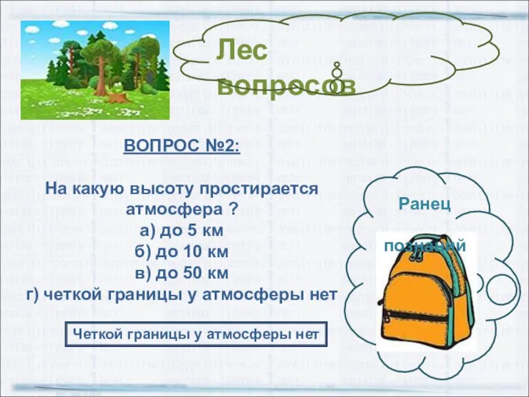 Ранец познаний Лес вопросов ВОПРОС №2: На какую высоту простирается атмосфера ?