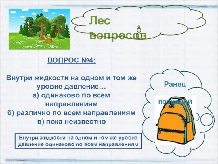 ВОПРОС №4: Внутри жидкости на одном и том же уровне давление… а)