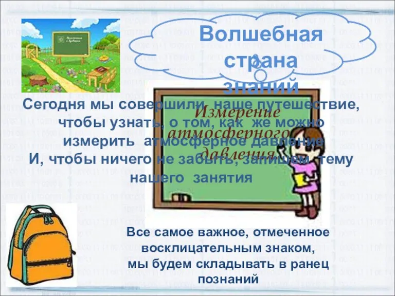 Измерение атмосферного давления. Волшебная страна знаний Сегодня мы совершили наше путешествие, чтобы