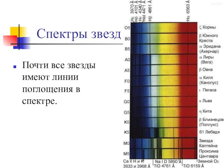 Спектры звезд Почти все звезды имеют линии поглощения в спектре.