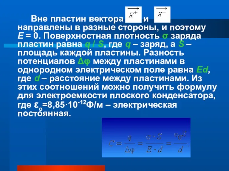 Вне пластин вектора и направлены в разные стороны, и поэтому E =