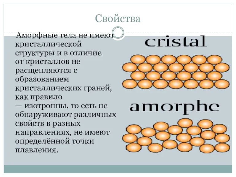 Свойства Аморфные тела не имеют кристаллической структуры и в отличие от кристаллов