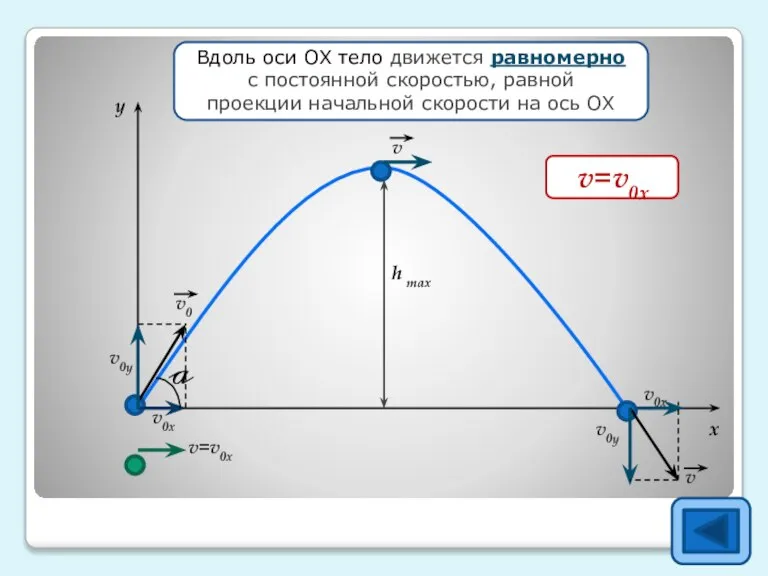 h max y x v0x=v0cosa Вдоль оси ОХ тело движется равномерно с