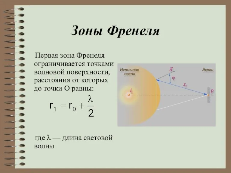 Зоны Френеля Первая зона Френеля ограничивается точками волновой поверхности, расстояния от которых